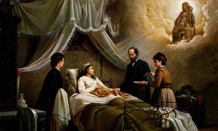 Um senhora doente em uma cama